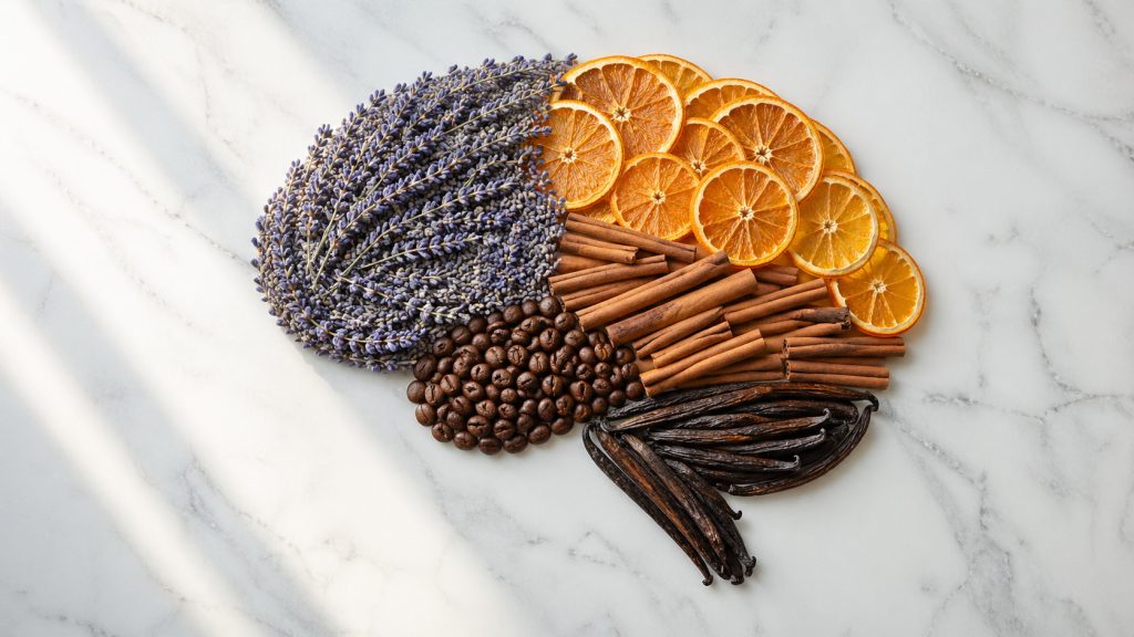 Cerveau composé de lavande, oranges, cannelle, café et vanille illustrant le lien entre odorat et mémoire