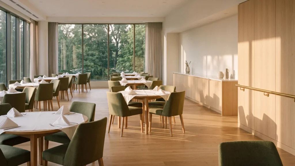 Salle à manger d'une résidence pour aînés : tables rondes dressées, fauteuils olive et main courante le long du mur.