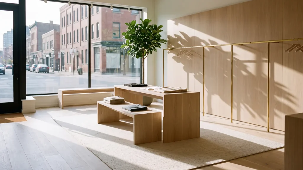 Salle de vente d'une boutique : tables d'exposition en chêne pâle, portant de laiton le long du mur et grande vitrine sur la rue.